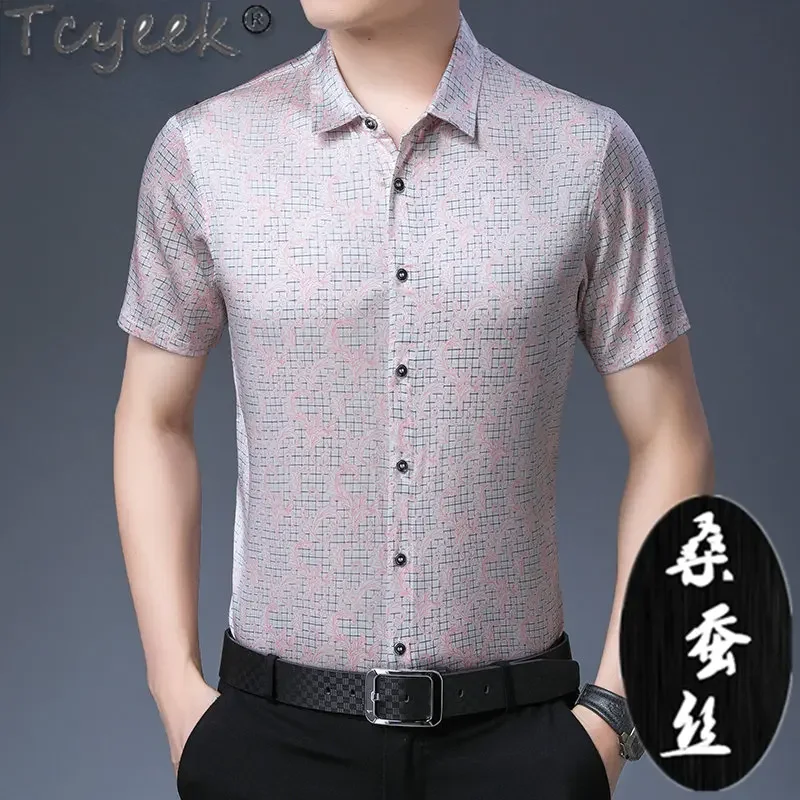 

Tcyeek 92% Mulberry Silk Mens Shirts Fashion Short Sleeve White Top Summer Men Clothes Thin High-end Real Silk Blouse 23 рубашка