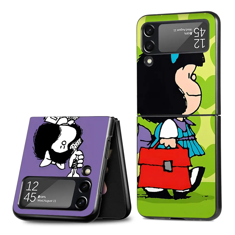 Cute Mafalda Case for Samsung Galaxy Z Flip 4 3 5G Hard PC Phone Cover Flip4 Flip3 Black Folding Funda Capa Zflip4 Zflip3 Coque