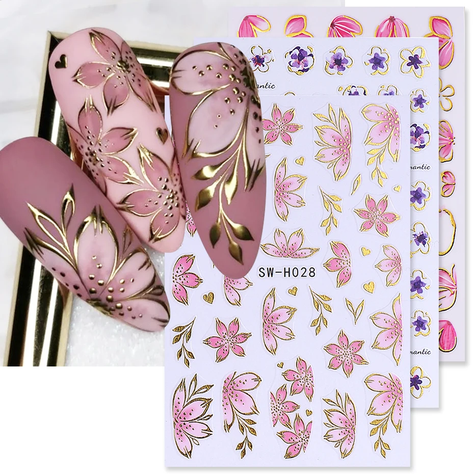 Adesivos de Unha 3D com Flor de Hibisco Rosa Dourada, Pétalas com Borda Bronzeada e Linhas Sakura, Decalques para Unhas DIY, Decoração de Manicure (2/3 peças)