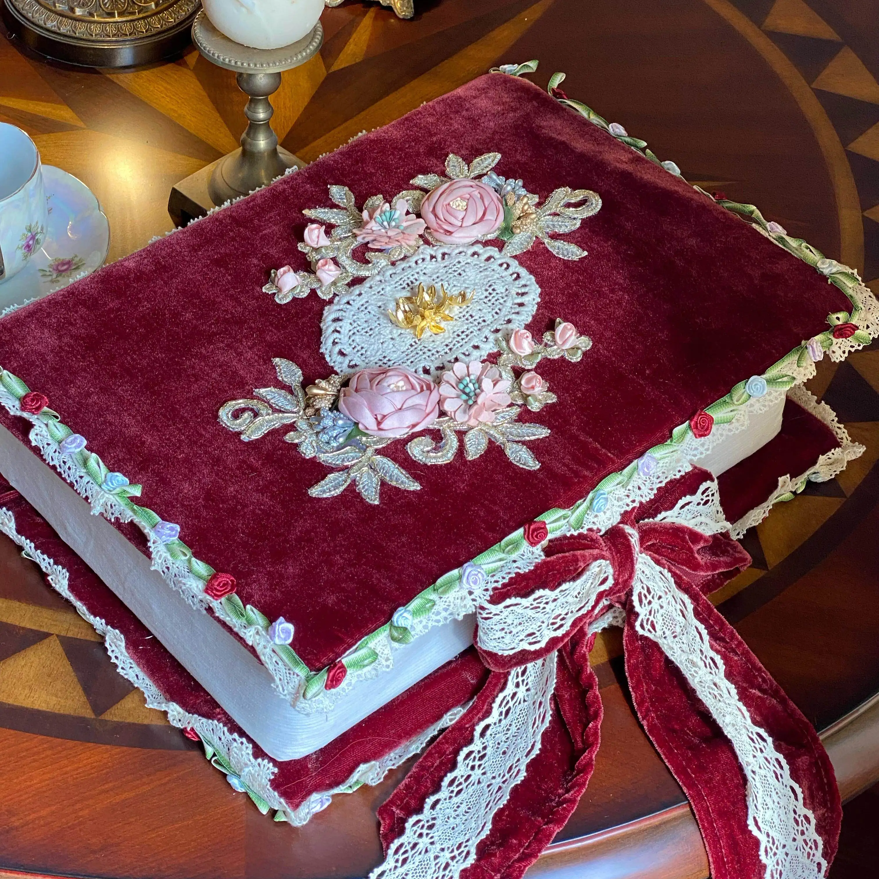 Hand embroidered jewelry box vintage organizer lace velvet gift