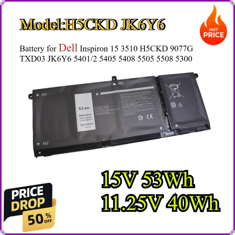 

53Wh H5CKD JK6Y6 Battery for Dell Inspiron 15 3510 H5CKD 9077G TXD03 JK6Y6 5401/2 5405 5408 5505 5508 5300 Latitude 3410 3510