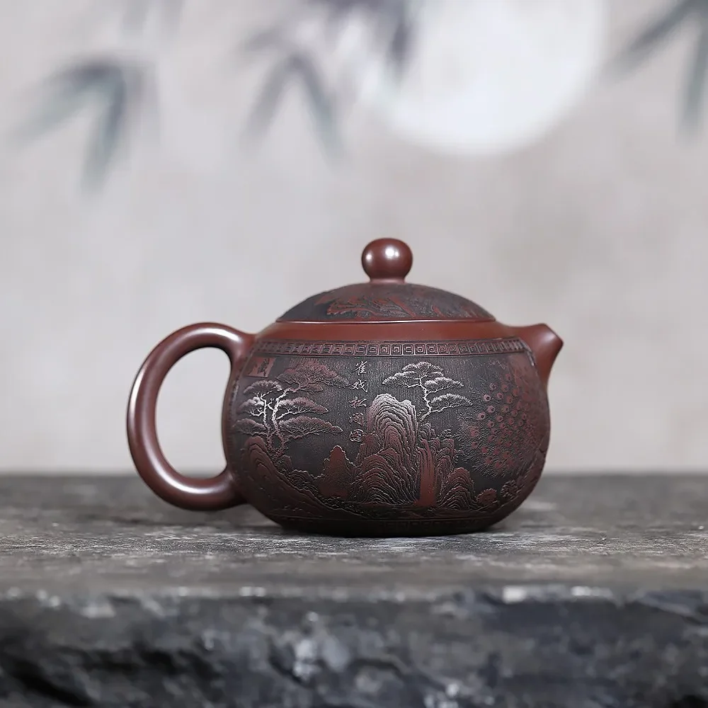 Chinese Tea Pot Yixing Purple Clay Teapot Fully Engraved Hundreds of Birds Facing Xi Shi Kung Fu Tea Teapot Set Gift Wholesale