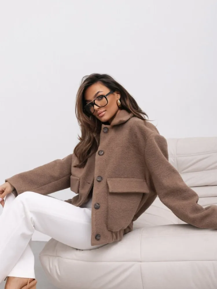 Autumn New Women's Casual Coat  Winter Fashion Long Sleeve V-Neck Elegant Solid Color Flip Collar Loose Coat Office Lady Clothes