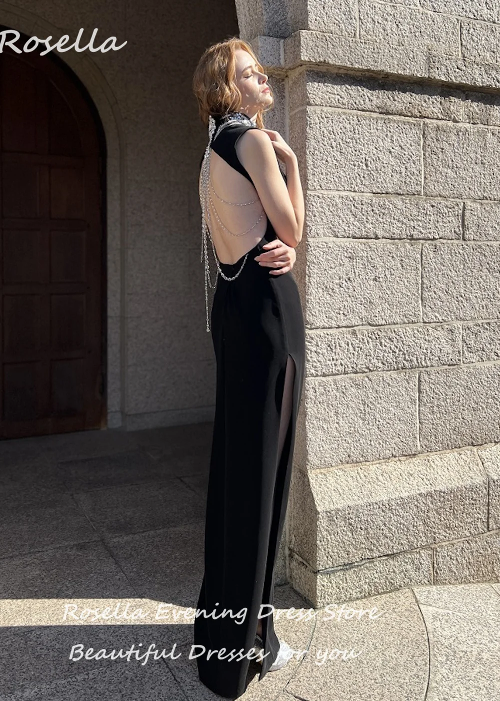 ROSELLA Black High Neck Evening Dresses Ankle Length Rhinestone Appliques Straight High Split Garden Formal Party Ball Gown