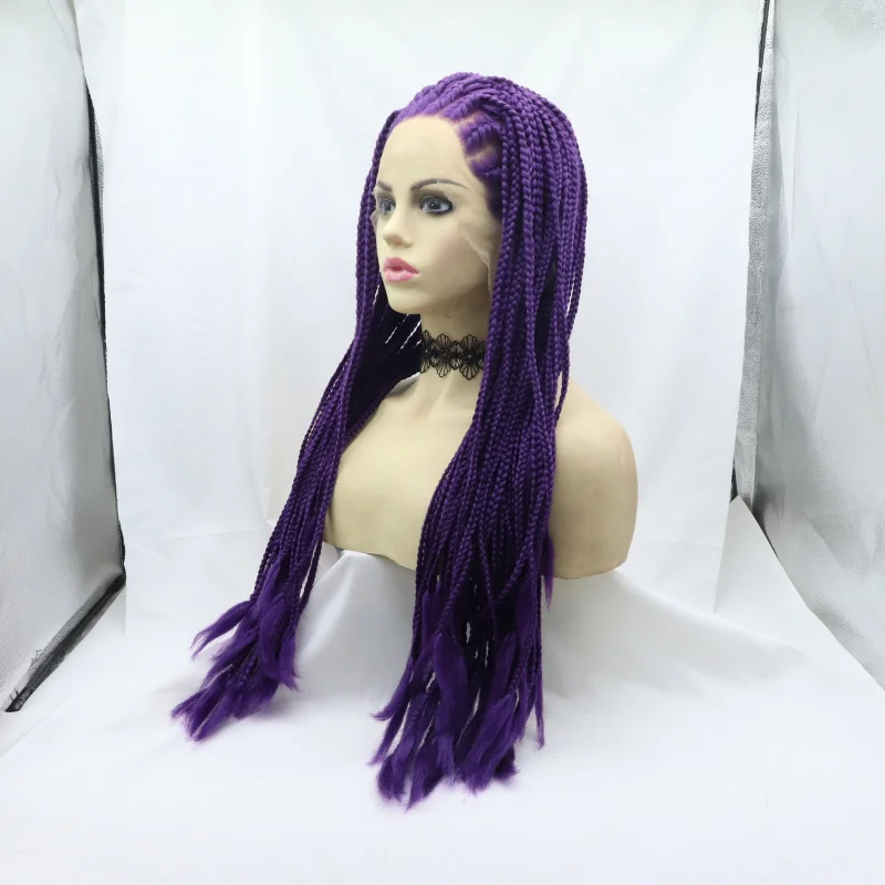 -crocheted lace front synthetic fiber wig, hand-woven purple three-strand thick braids, full headpiece