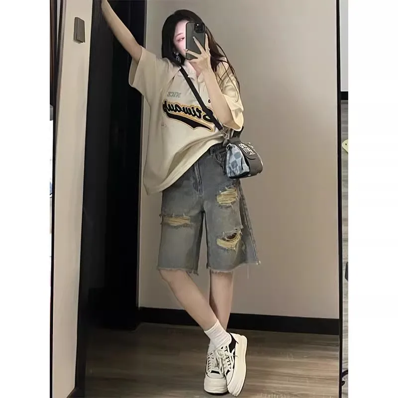 

High Street Style Distressed Five-Quarter Length Denim Shorts Women's Summer plus Size Wide Leg Pants Vintage Loose Slimming