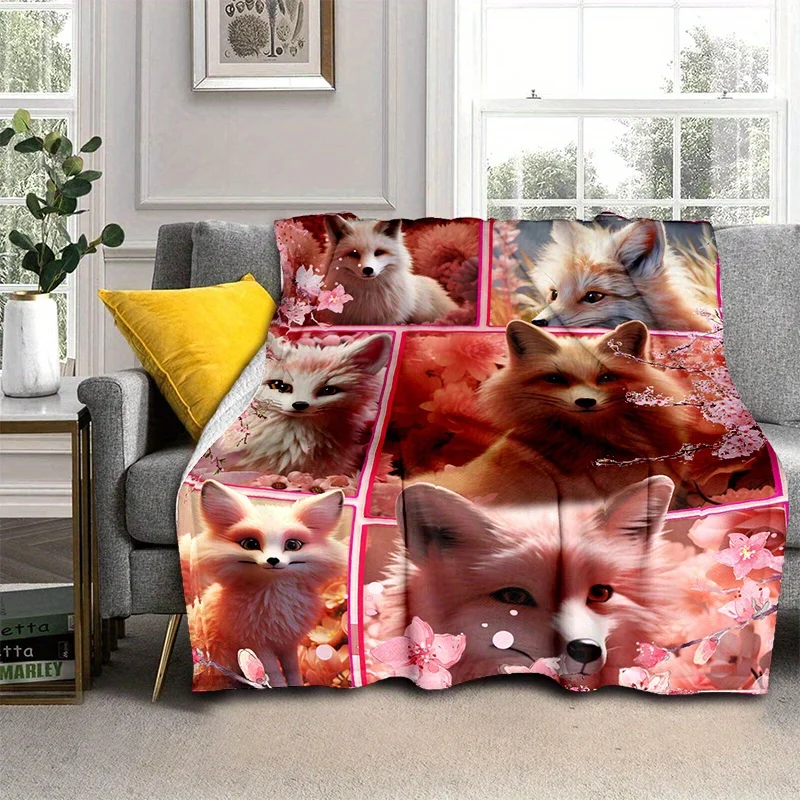 1pc Cozy Splicing Pink Lovely Fox Print Blanket, Lightweight Flannel Throw For Sofa, Bed, Livingroom, Office, Couch, Travel, Cam