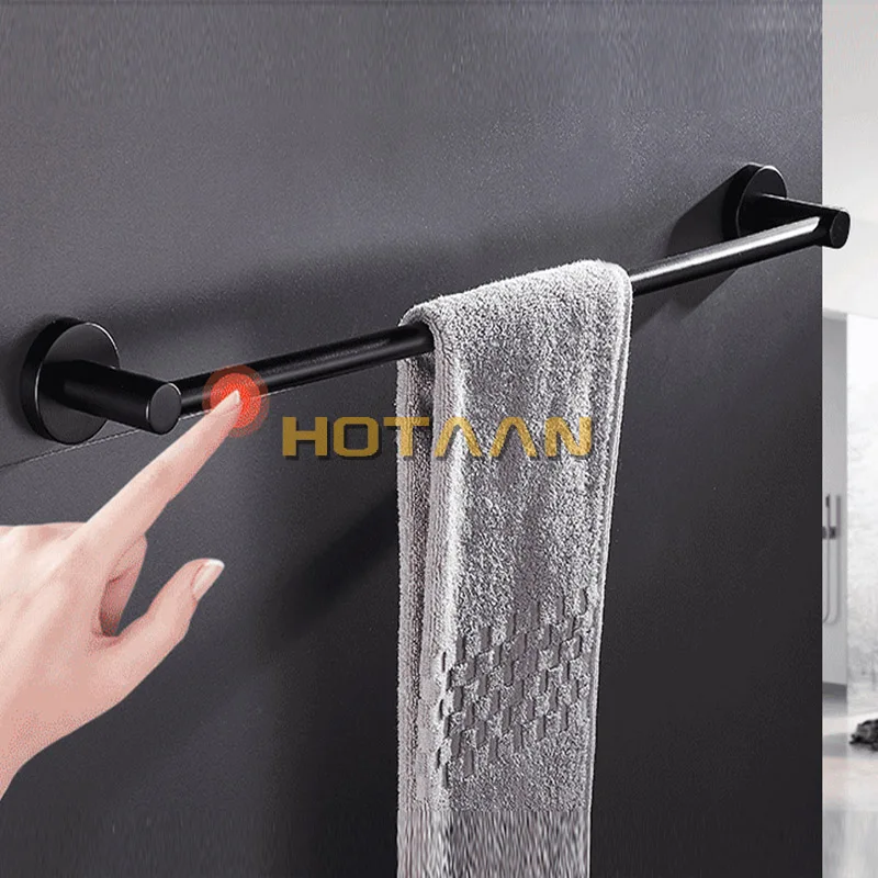 Hotaan Modern Style Matte Black Wall Mounted Single Towel Bar Bathroom Towel Hanger Shelf Bathroom Accessories Holder wood base