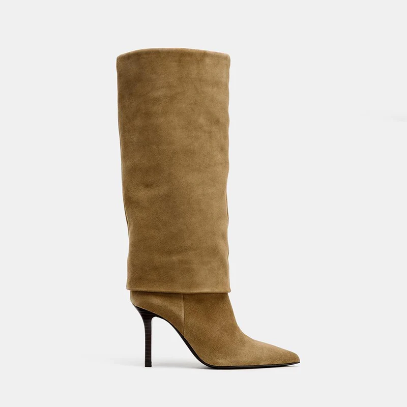 

Retro Over-Knee High Heel Booties Sharp Pointed Toe Slim Buckle Wrap Large Calf Knight Boots Fashionable Velvet Texture