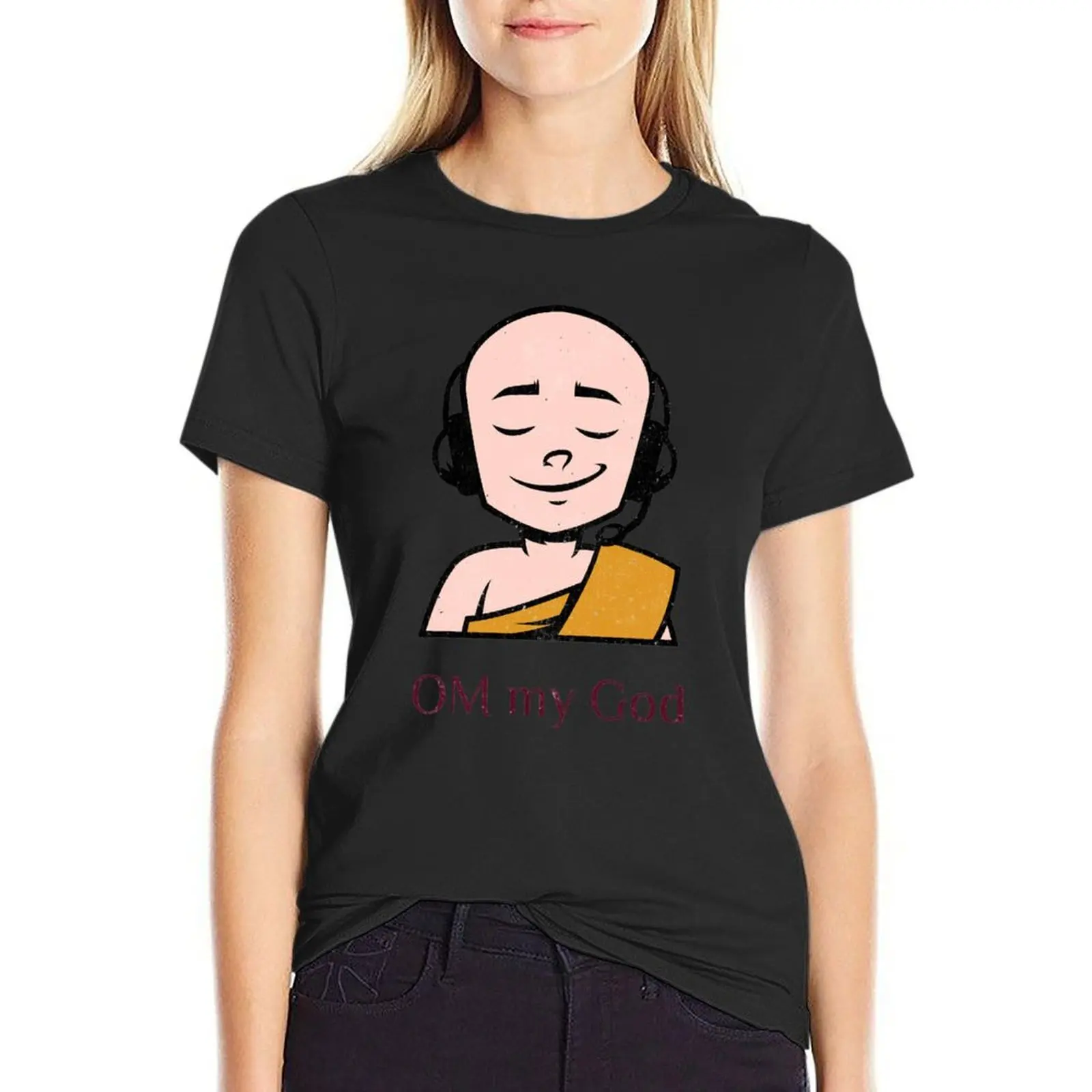 Om My God! Cute Modern Buddhist Monk With Headset T-Shirt summer top tops t shirt Women