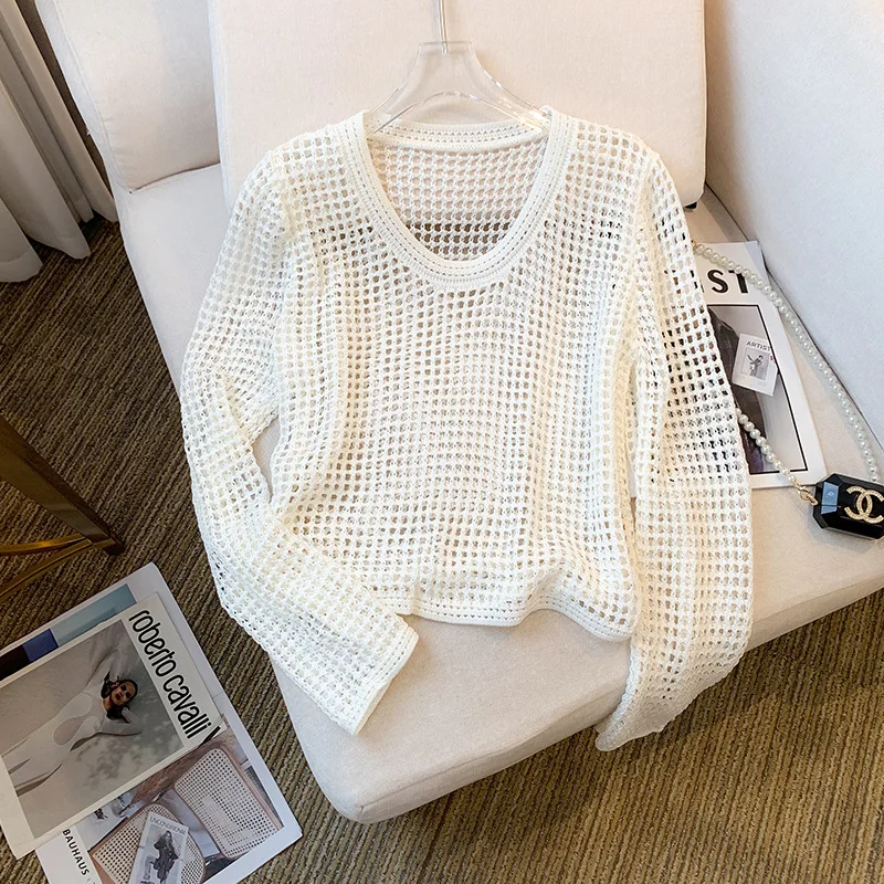 Crochet Top for Women Long Sleeve O-Neck Regular Fit Pullover Cover Up Spring Summer Y2K Outfit