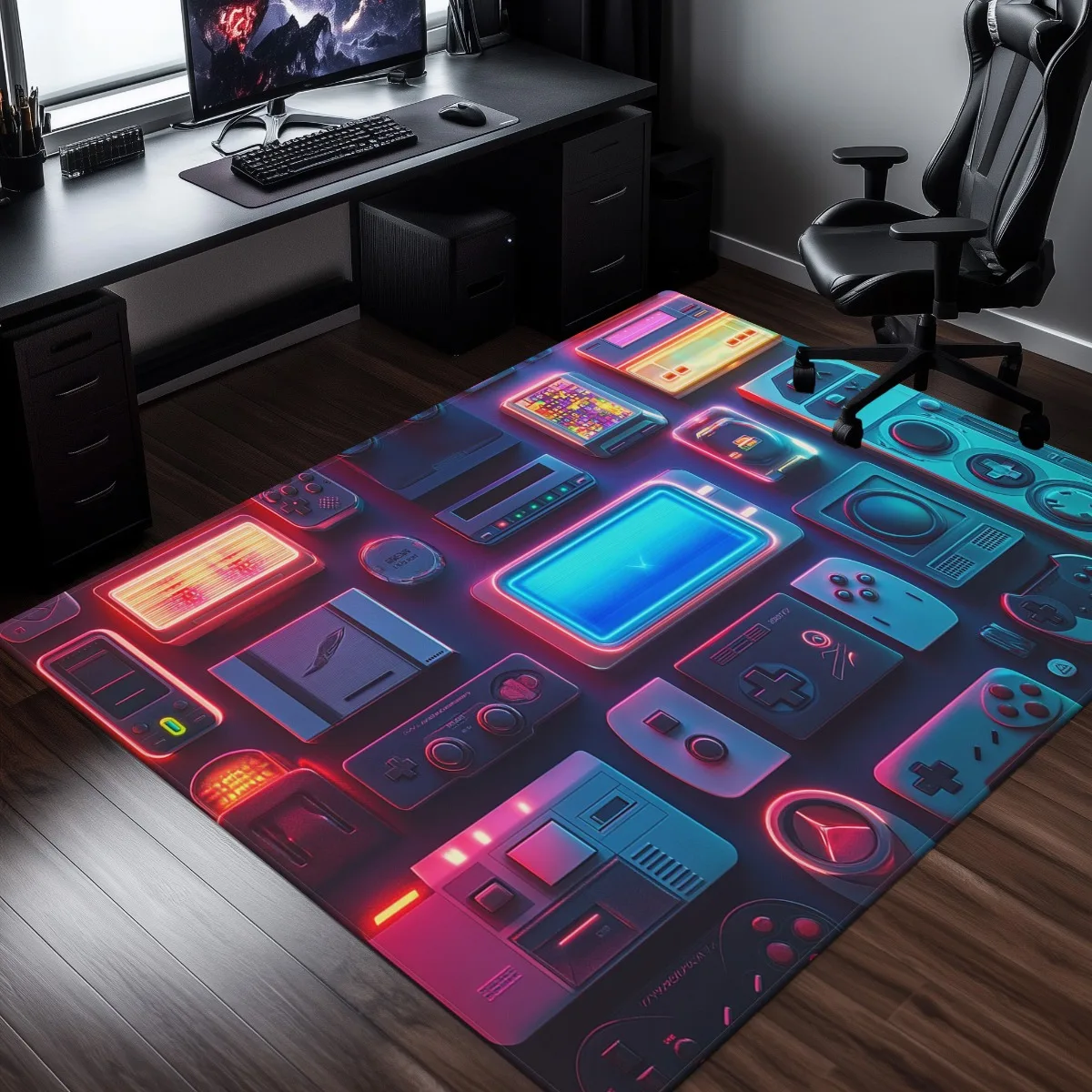 Colorful Tech-Themed Rug – Retro Gaming & Electronics Design, Modern Indoor Floor Mat for Living Room & Bedroom