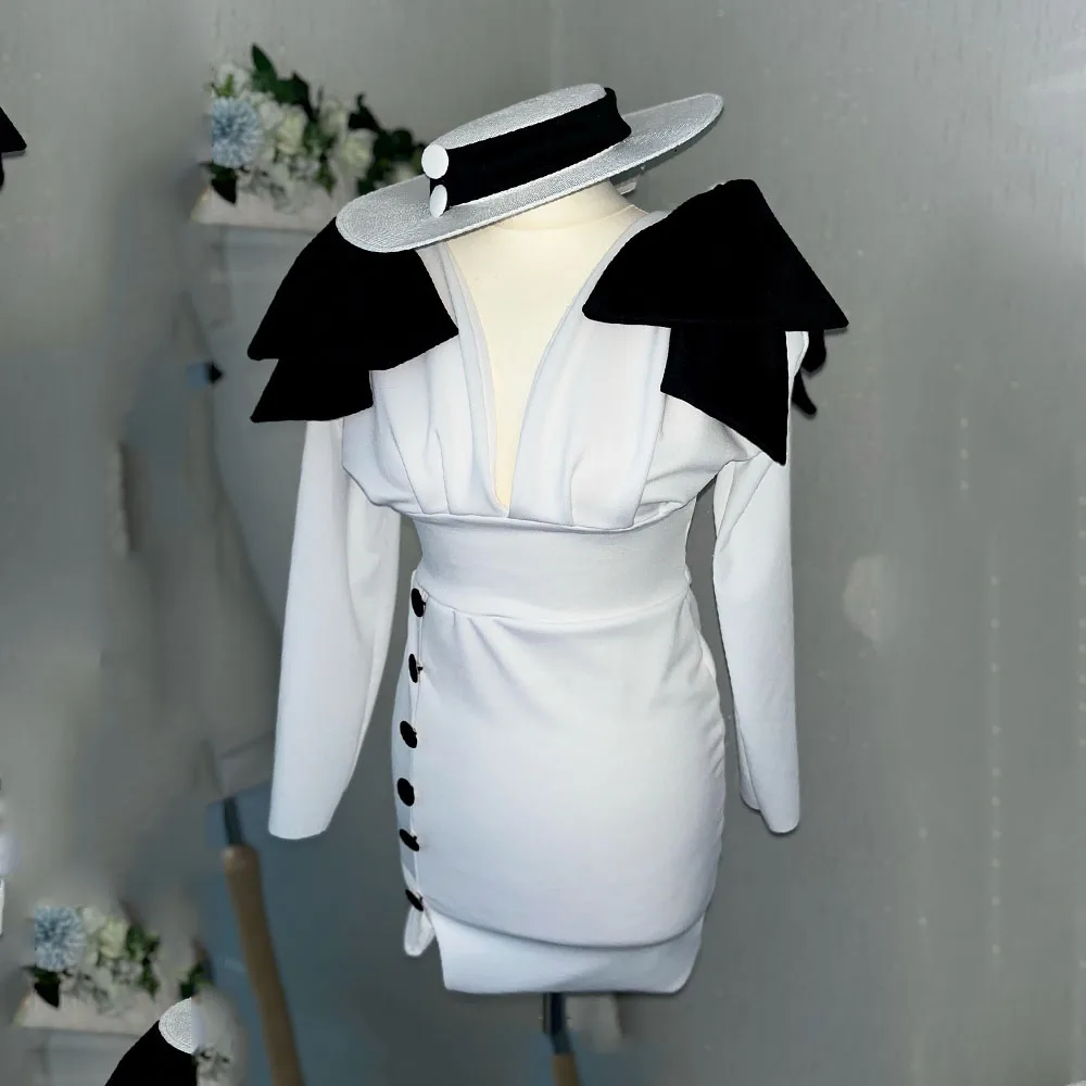 

Мини-короткое коктейльное платье на заказ, платье-футляр с V-образным вырезом, коктейльное платье для женщин, вечернее платье с длинными рукавами и бантом