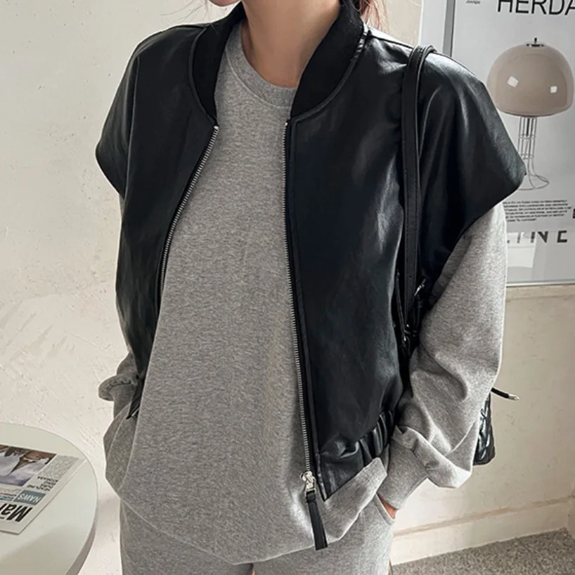 Chique vintage high-end redondo ne zíper couro do plutônio solto versátil colete svel ort jaet feminino faion outono inverno