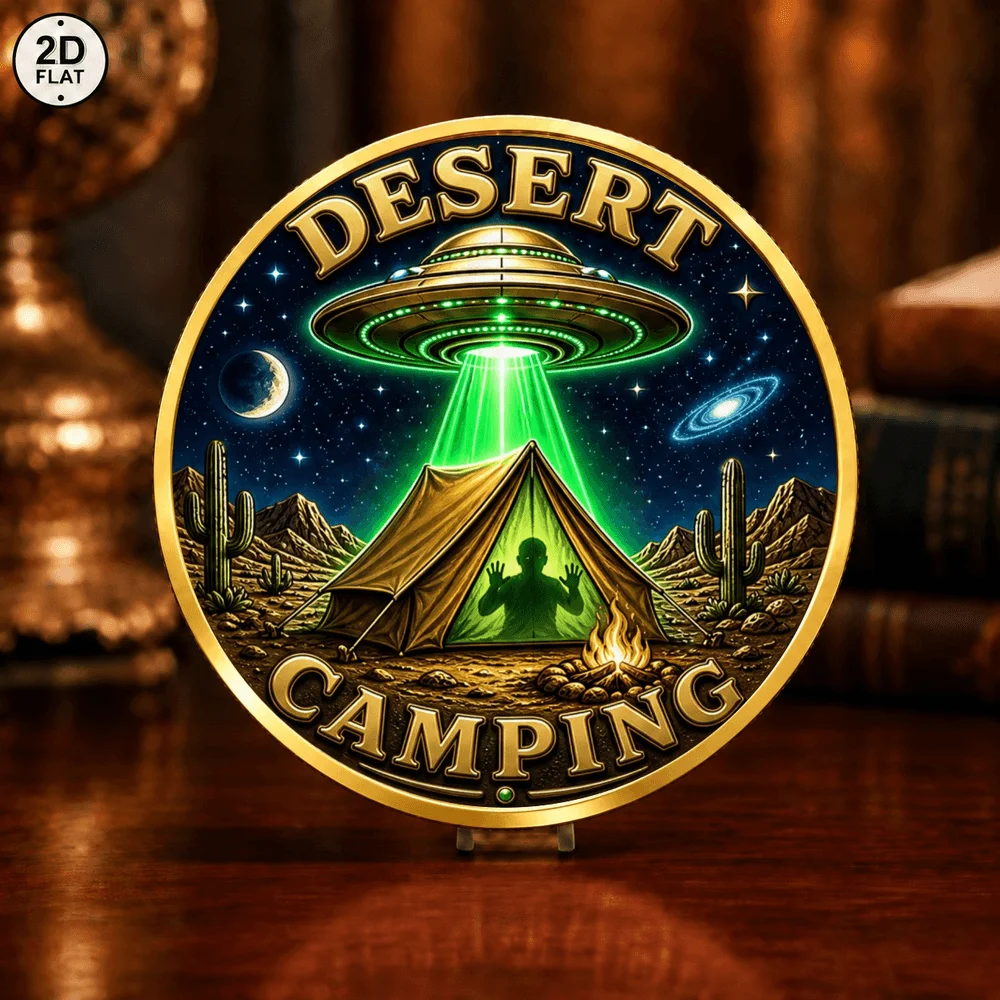 1pc UFO Alien Commemorative Coin Tin Foil Hat Alien Desert Camping UFO Abduction 2D Print Metal Token Gift for Sci-Fi Fans