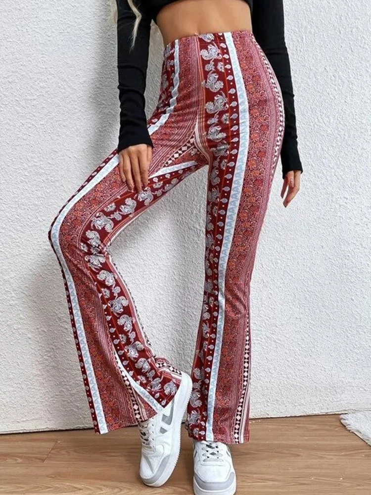 6 Colors Vintage Printed Bell Bottoms Women\'s Tight Elastic Pants Summer Fashion Bohemian Flared Trousers