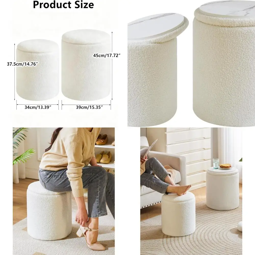 

Пара круглых пуфов с местом для хранения, флисовый табурет для туалетного столика, велюровая подставка для ног и набор пуфов для организации пространства в доме