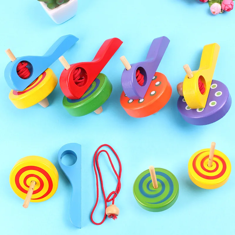 

4pcs Cartoon Handle Pull Cord Pulling Gyro Children's Gift Wooden Multicolored High Rev Gyro Sports Toy The Color Is Random P540