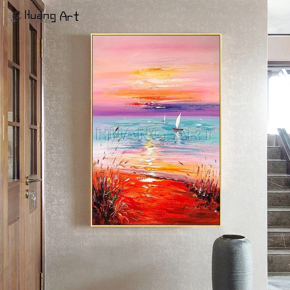 100% Handmade Sunrise Sea Landscape Oil Painting on Canvas Modern Sea Beach Red Painting for Room Decor Reed Landscape Picture