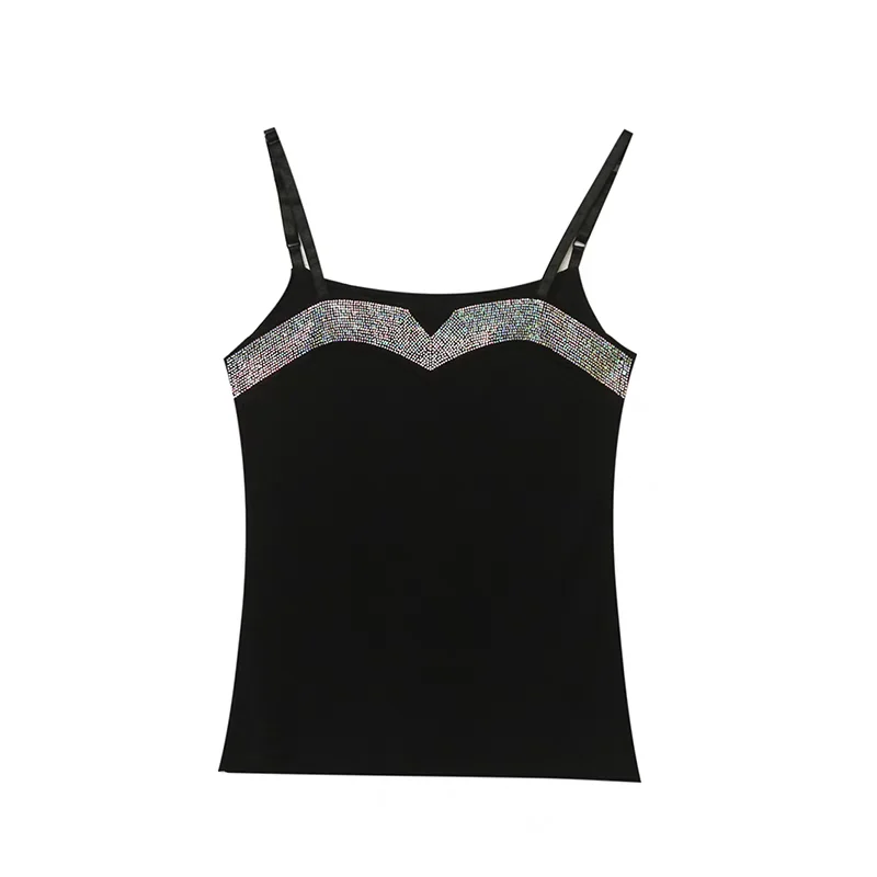 女性用スパゲッティストラップTシャツ,光沢のあるダイヤモンド,ノースリーブのタンクトップ,伸縮性の高いTシャツ,スリムなシャツ,セクシーな女の子のファッション,夏