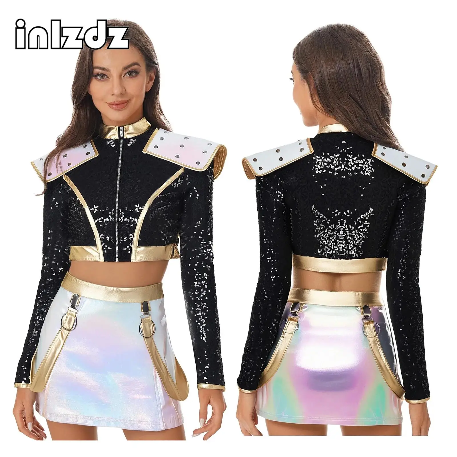 

Womens Halloween Cosplay Outfit Long Sleeve Rivet Shoulder Boards Sequined Jacket And Mini Skirt for Daily Raves Party Clubwear