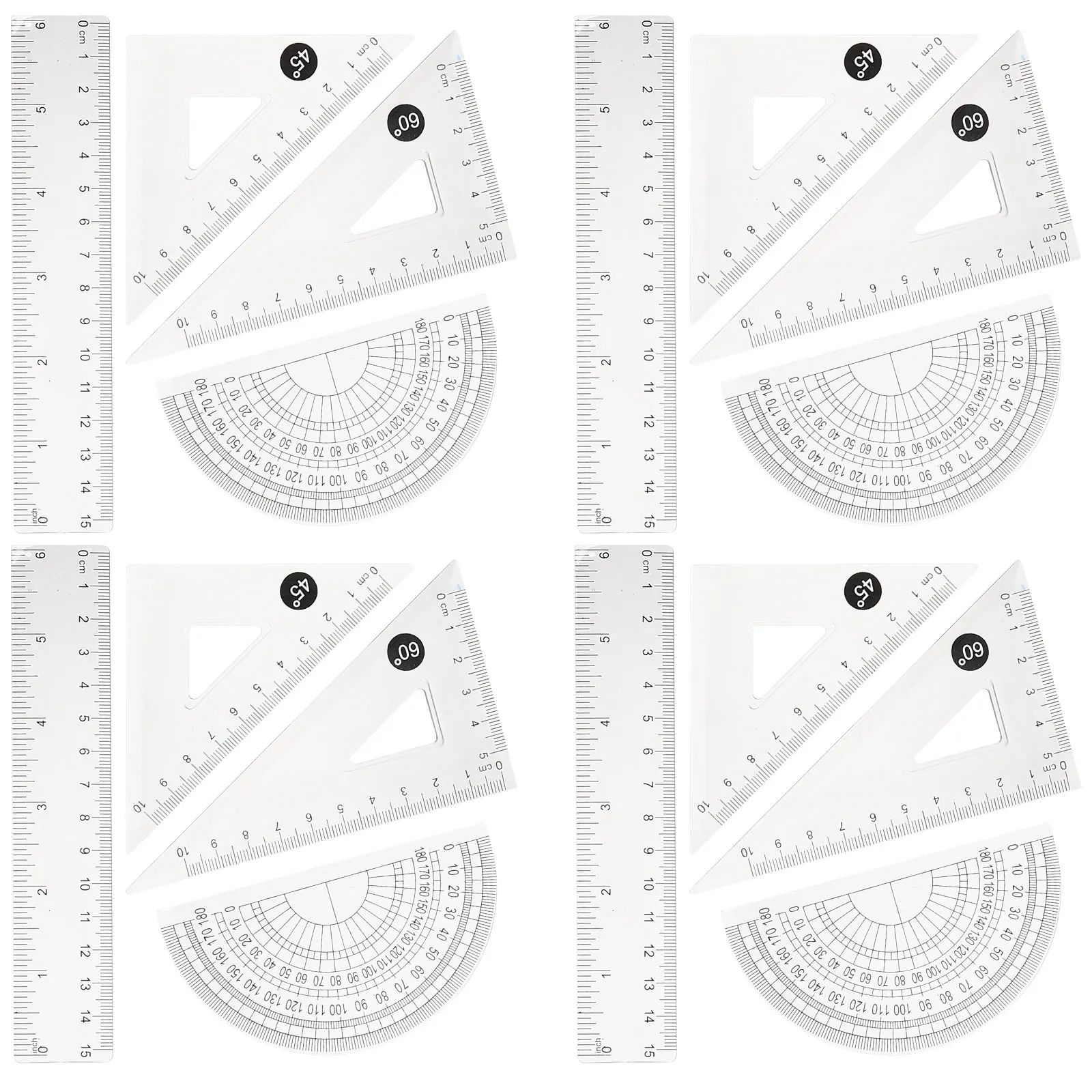 

4 Sets 15cm Drawing Ruler Transparent Plastic Rulers for Students Artists Engineers Measuring Set Triangle Ruler