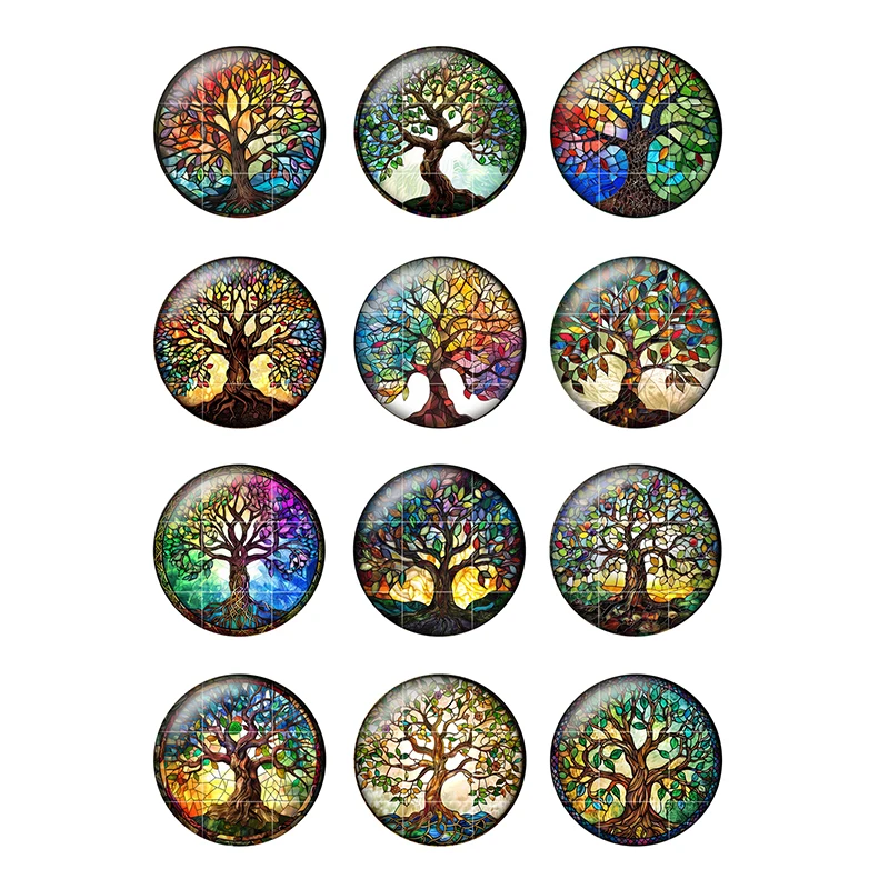 24pcs Fashion Paintings Life of Tree Art Patterns 8mm To 25mm  Round Photo Glass Cabochon Demo Flat Back Making Findings H072