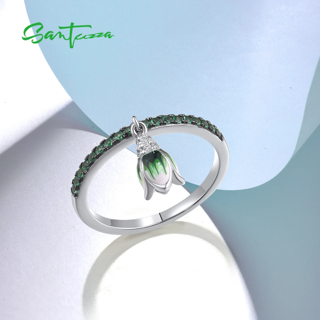 SANTUZZA Real 925 Sterling Silver Rings For Women Sparkling Green Spinel Danling Tulip Flower Charming Gifts Fine Jewelry Enamel