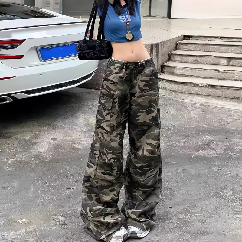 กางเกงคาร์โก้ลายพรางผู้หญิงทรงหลวมสไตล์ฮิปฮอปเอวสูงกางเกงสปอร์ตแฟชั่นลำลองสำหรับตั้งแคมป์และสตรีทแวร์