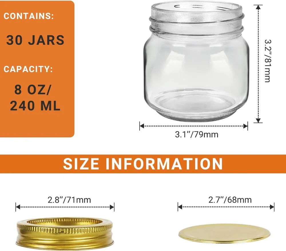 8 oz Mason Jars 30 Pack 240ml Glass Canning Jars with Regular Mouth Lids for Overnight Oats, Jam, Honey, Spices, Wedding Favors