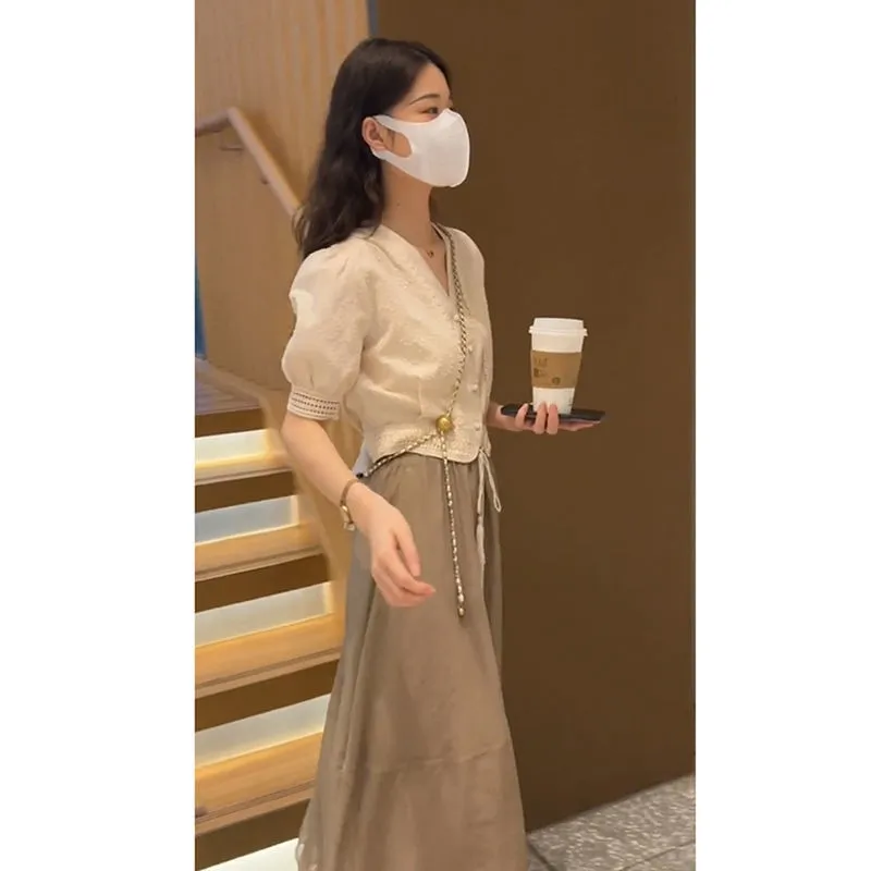 Zomeroutfitset Dames Gentle Salt System Milk Tone Afslanktop f-lengte Rok Tweedelige set Faionable Vrijetijdskleding