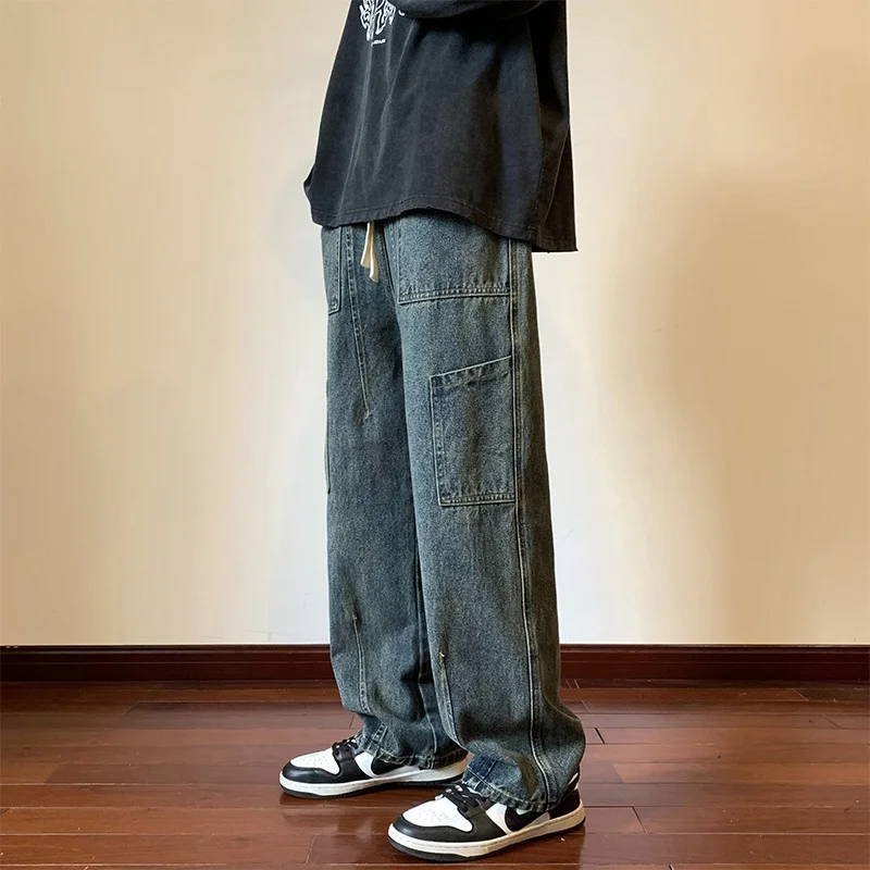 

American Style Retro Workwear Jeans Men's Spring Autumn Loose Wide Leg Straight Long Pants Cool High Street Pants