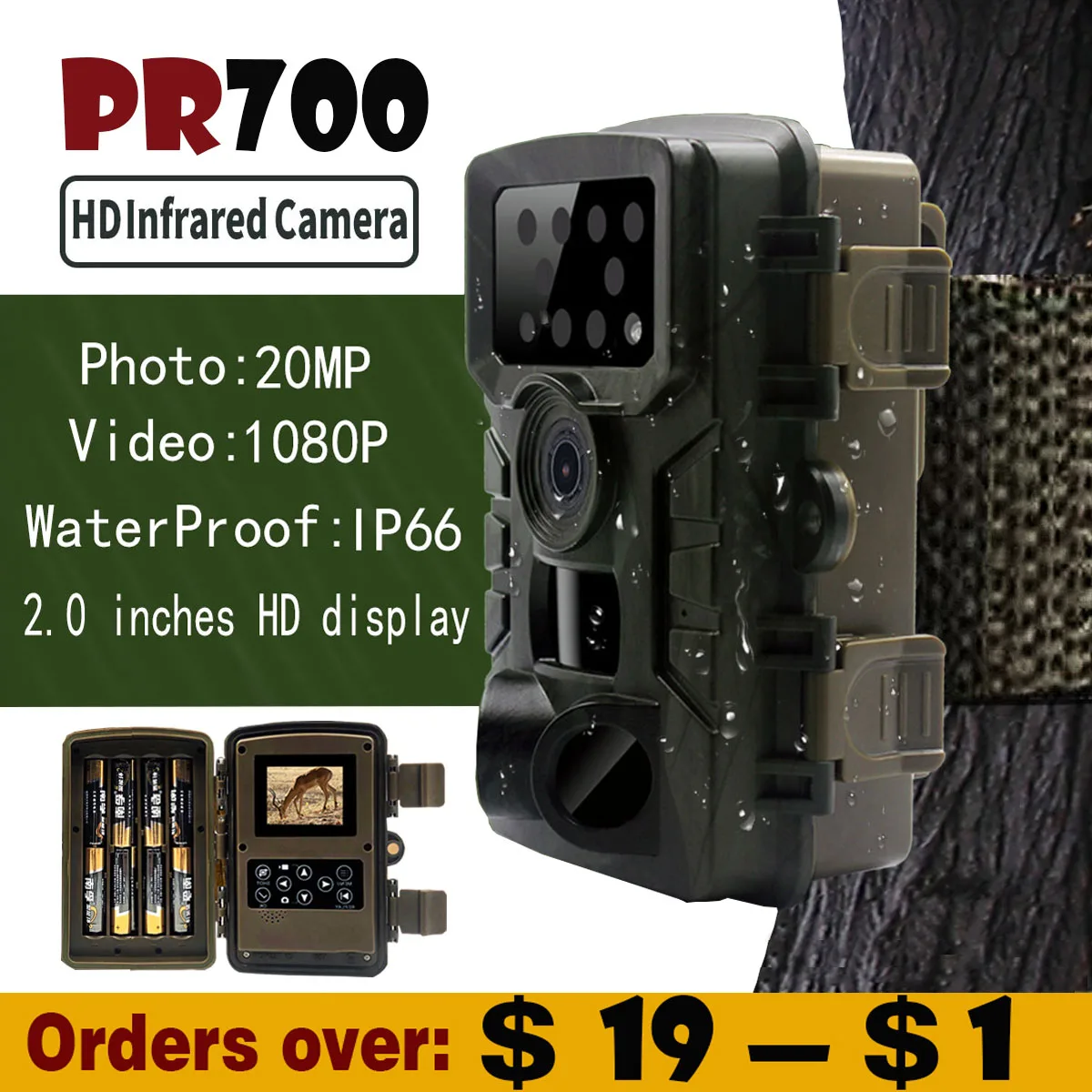 PR700 Hunting Trail Camera 20MP 1080P Waterproof PIR Infrared Night Vision Wildlife Cam Surveillance Tracking Monitor Camera