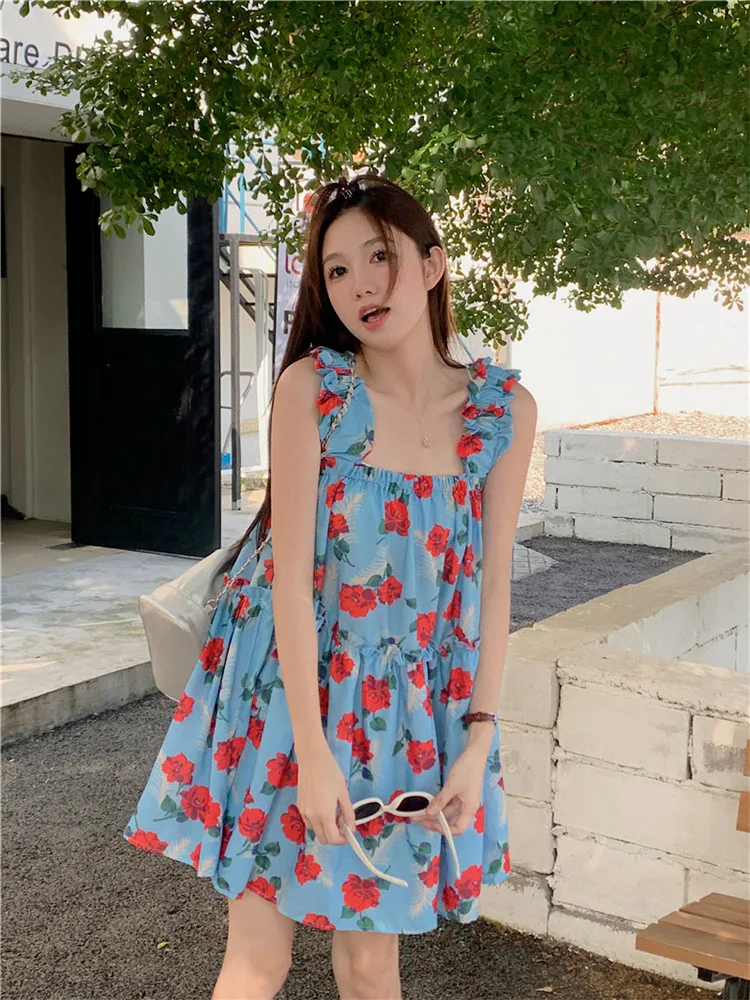 Summer Holiday Y2K Girl Flower Print Mini Dress Fashion Loose Seaside Beach Short Dress Retro Square Collar Ruffles Tank Dress