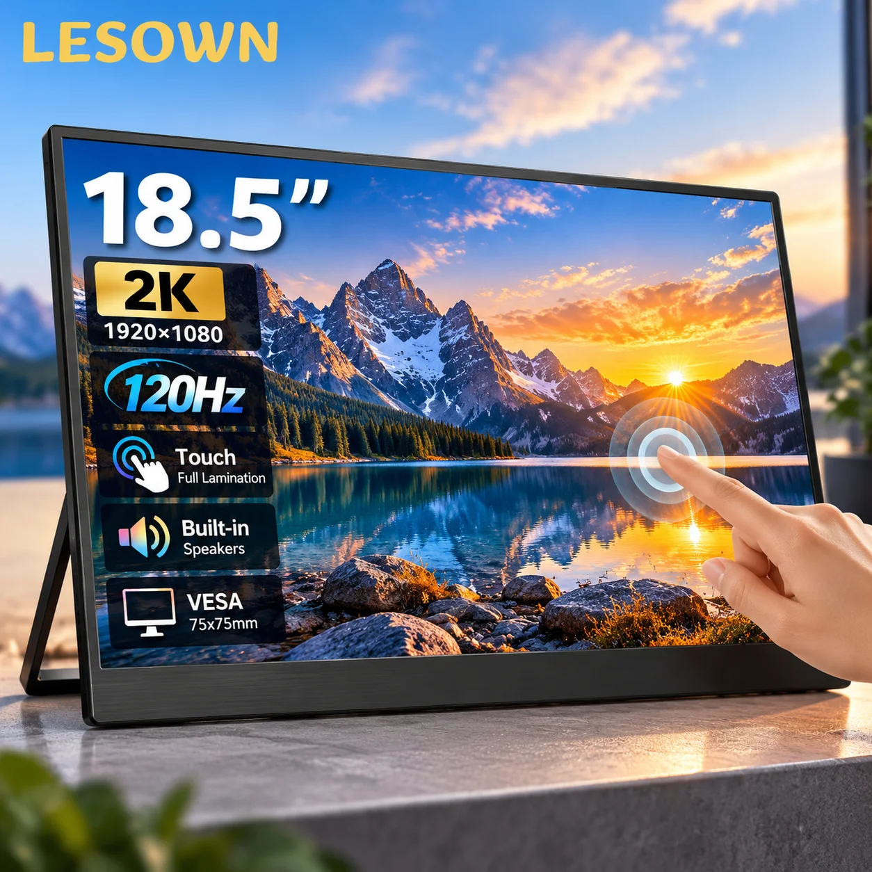 LESOWN 18.5 Inch Large Portable Monitor Touch Screen 120Hz Full HD Display Second Screen Office Gaming VESA HDTV Type-C