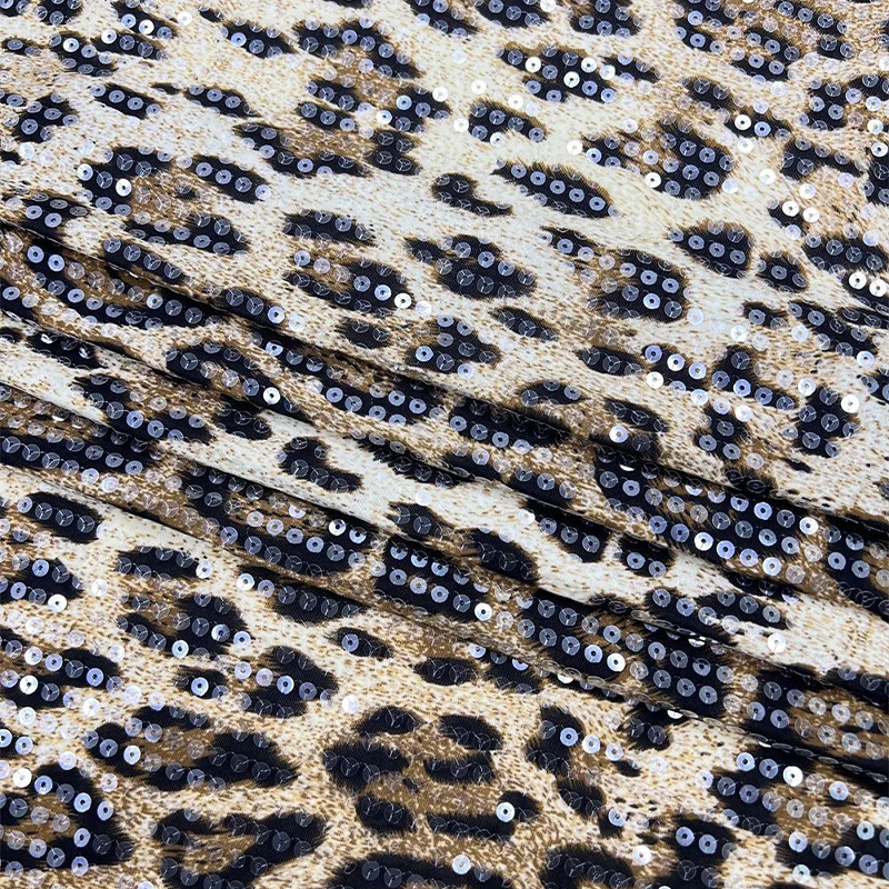 

1yard X130cm Knitted Leopard Print Transparent Sequin Fabric DIY Fashion Clothes Dress Skirt Stage Performance Costumes Sewing