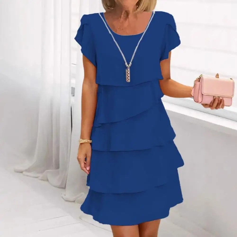 Spring Summer Women Chiffon Dress with Ruched Edge Round Neck Short Sleeves Women Dress Multi-Layer Design Summer Midi Dress