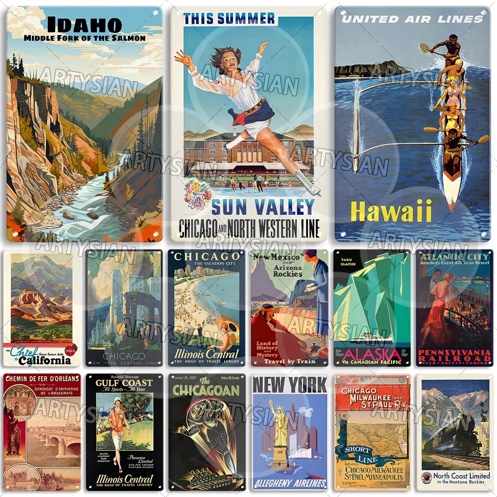 Travel Poster United States Metal Sign New York Montana Chicago Montana Shasta Route Northern Pacific Colorado Illinois Utah