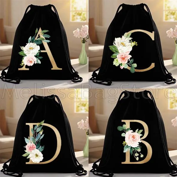 Flower Initial Letter A to Z Floral Monogram Gold Letters Canvas Drawstring Bags Soccer Backpack Gym Sackpack Gifts String Bag