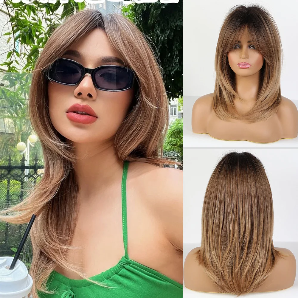 

Ombre Brown Gradien Synthetic Wigs Short Straight Layered Wig For Women Heat Resistant Cosplay Daily Use Natural Hair With Bangs