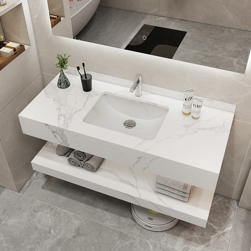 

Modern Style Home Bathroom Vanity Set Rock Plate Countertop Ceramic Basin Quartz Vanity Ceramic Sink With Smart LED For Hotel