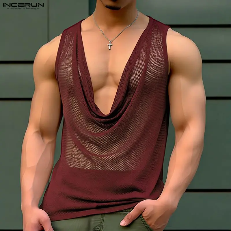 INCERUN Men Tank Tops Mesh See Through Sexy Solid Color Male Vests Tops Streetwear Summer 2026 Party Fashion Casual Men Clothing