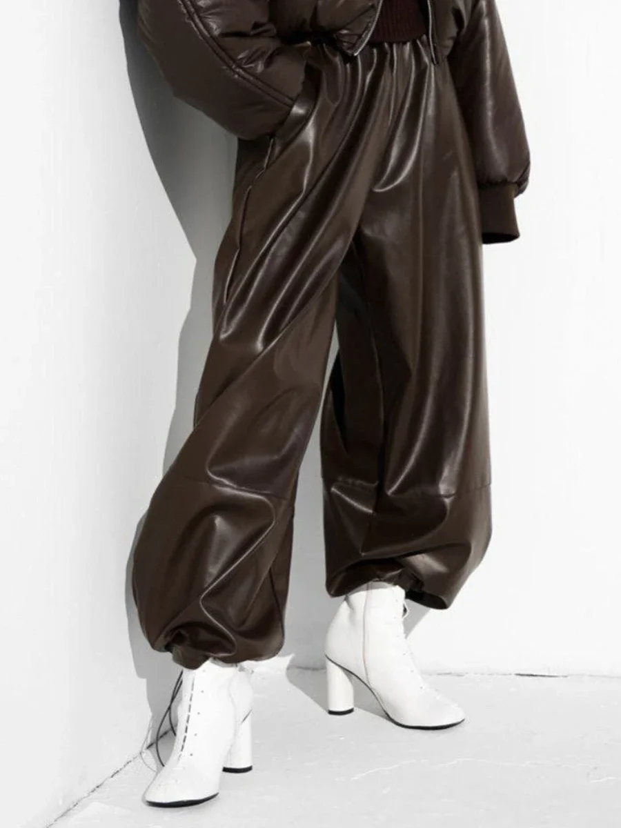 المرأة الجديدة الخريف الشتاء بولي بنطال بنطال جلدي الرباط الكاحل مكبل فانوس فضفاض RetroTrousers