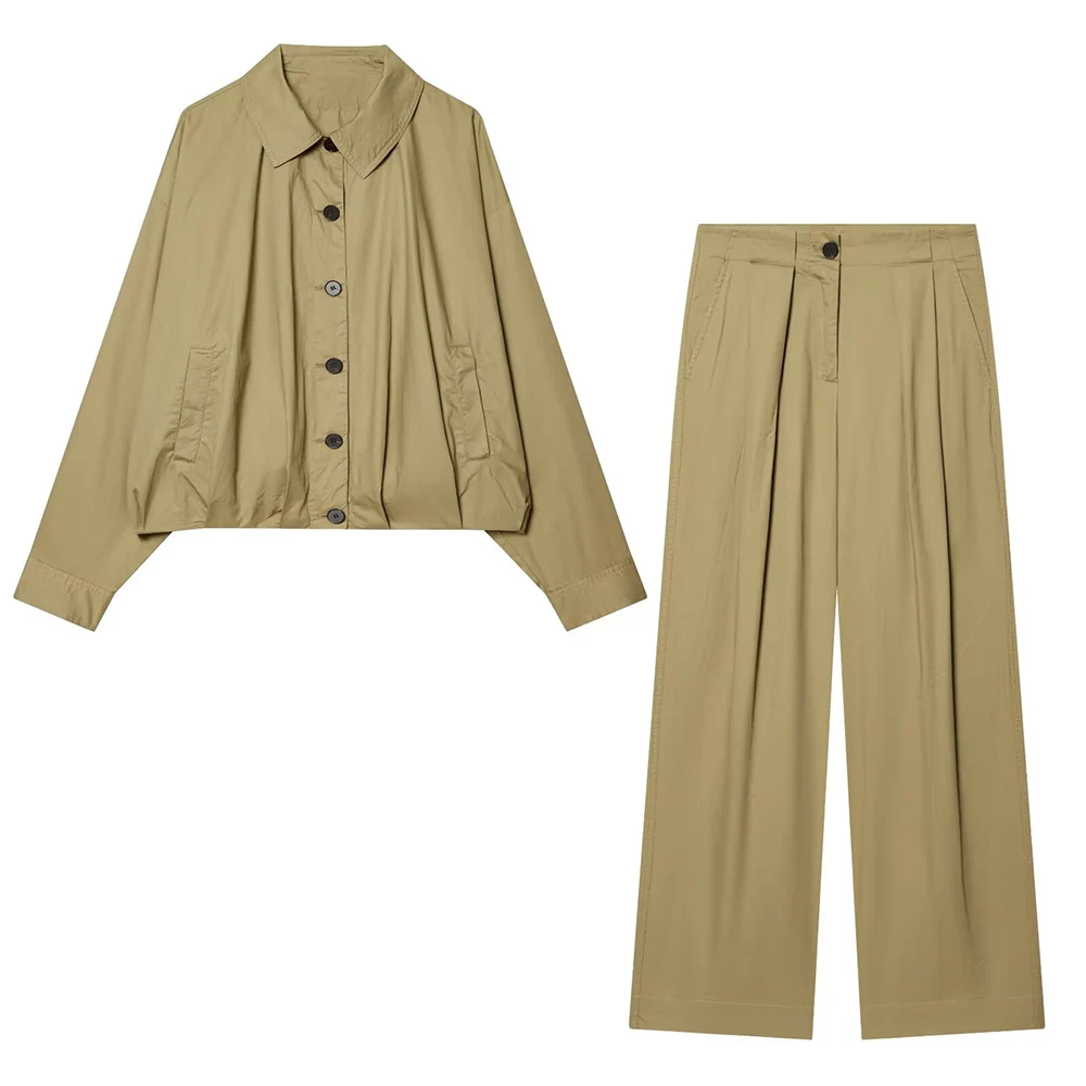 

WOMAN 2026 Summer New Chic Fashion Lapel Single-breasted Coat+Pants Set Vintage Long Sleeve Pleated Casual Female 2 pieces