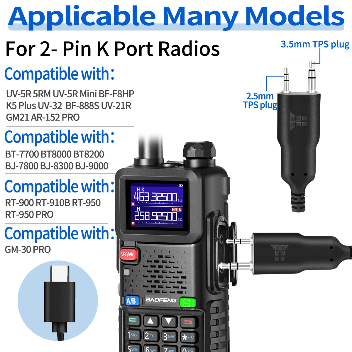 ABBREE Programming Cable IOS Android Phone APP No Driver Issue Fast Programming Speed K-Type Plug For 2 Pin Port Walkie Talkie