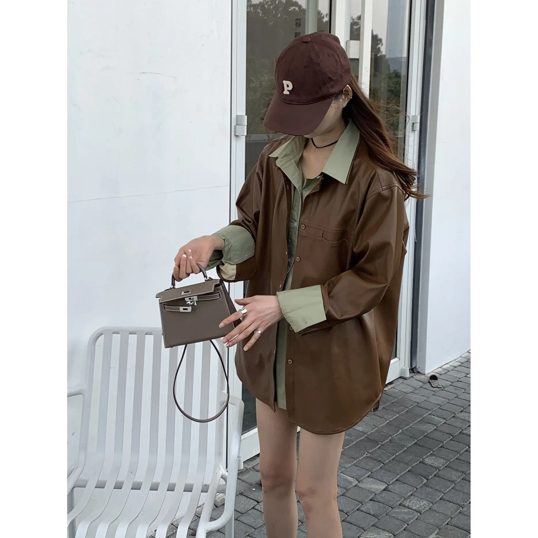 2024 Spring/Summer Fashionable Style Avocado Green Long Sleeved Shirt Women's Thin Loose Solid PU Coat Shirt