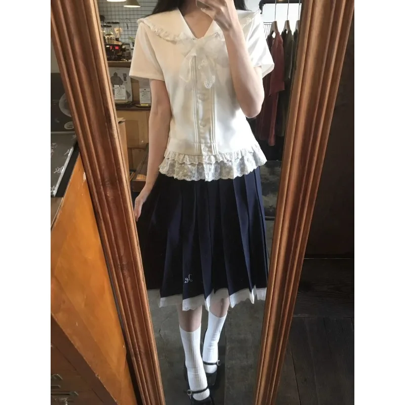Camisa japonesa Y2k Harajuku con encaje blanco y cuello azul marino, camisa de manga corta para mujer, falda plisada de verano, conjunto informal de dos piezas