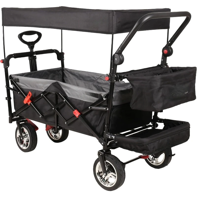 Wagon Cart with Removable   Foldable Garden Cart with Wheels, Adjustable Handle, Outdoor Utility Wagon, Black