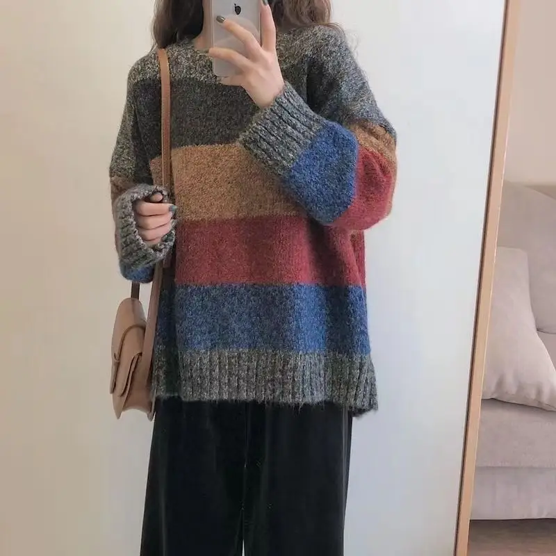 DAYIFUN Stripe O-neck Sweaters Lady Vintage Rainbow Color Matching Jumpers Women Autumn Winter Loose Knitted Pullovers Tops