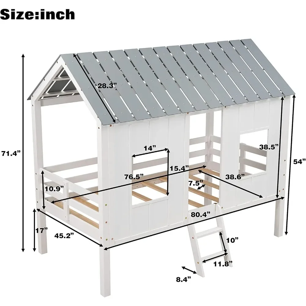 Loft Bed of Kids Bedroom,Twin Size Low Loft Bed with Windows and Roof, Wood Platform Bed Frame with Wood Slats Bedroom Furniture